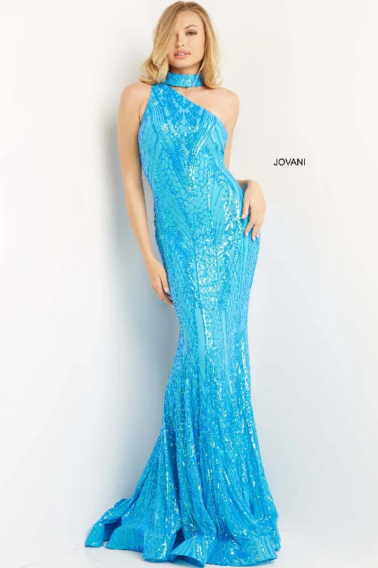 Jovani 08338 One Shoulder Choker Long Prom Dress