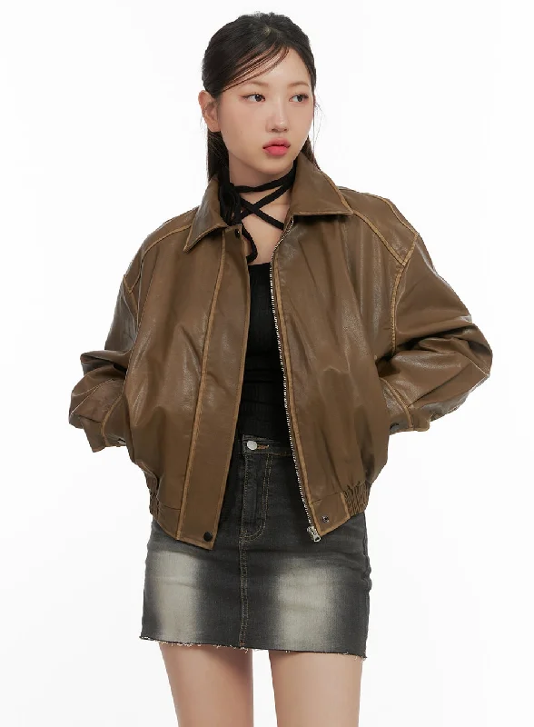 Zip-Up Faux Leather Crop Jacket CS405