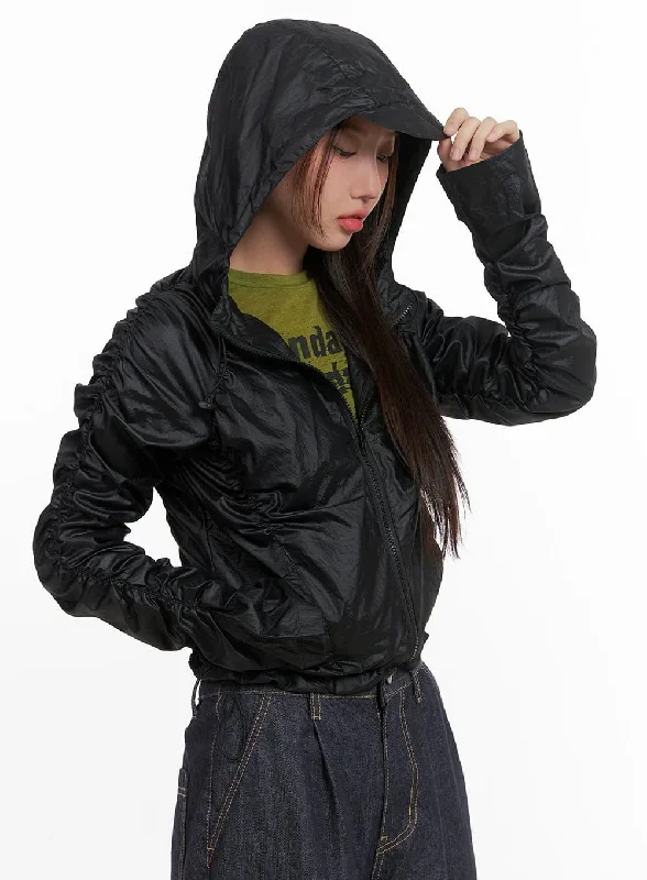 Shirred Hooded Nylon Crop Jacket CO402