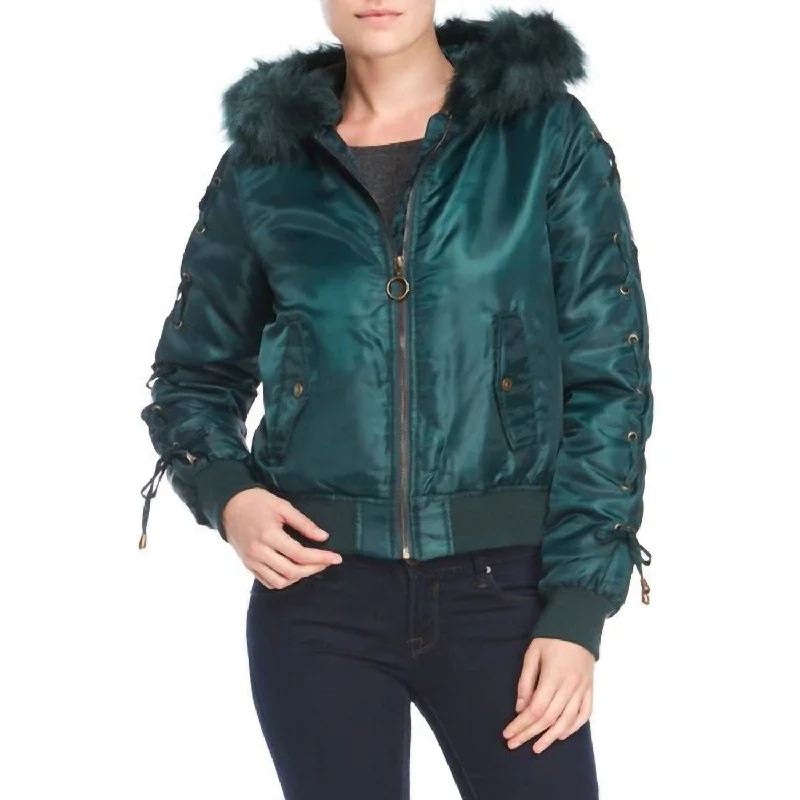 Puffer Winter Crop Faux Fur Lace Up Jacket In Green