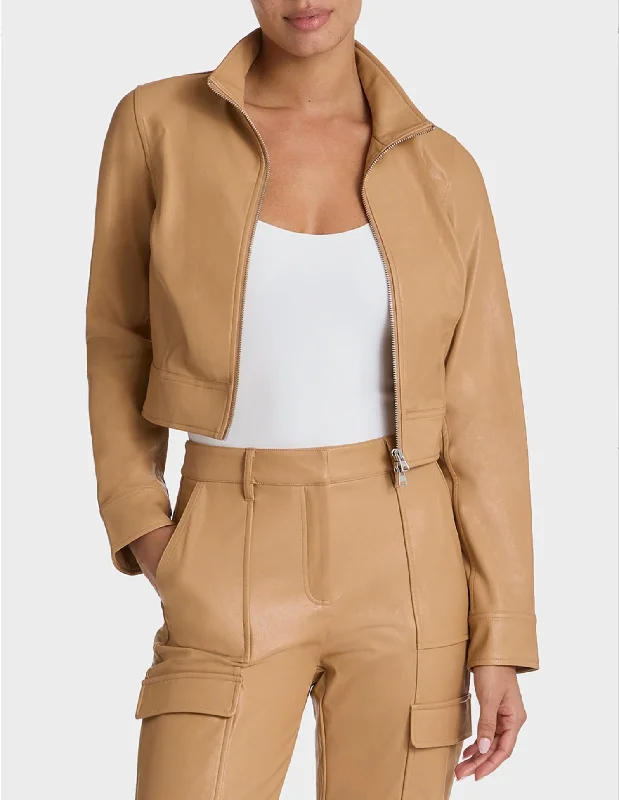 Faux Leather Crop Biker Jacket In Camel