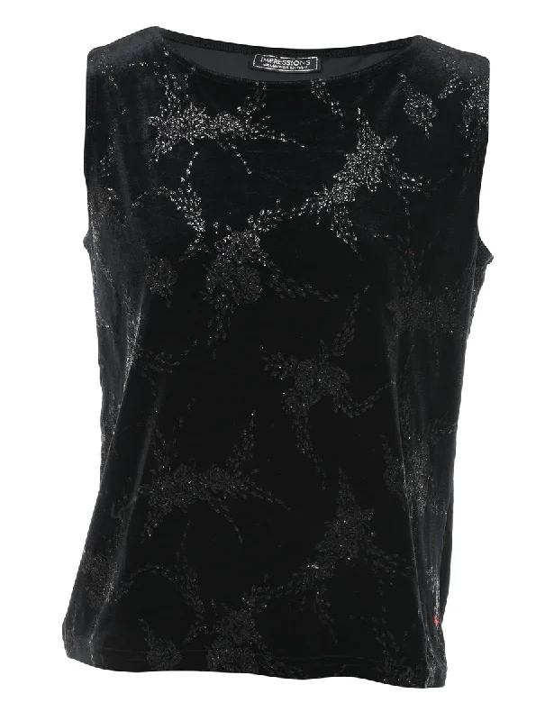 Black Floral Velvet Evening Top - M