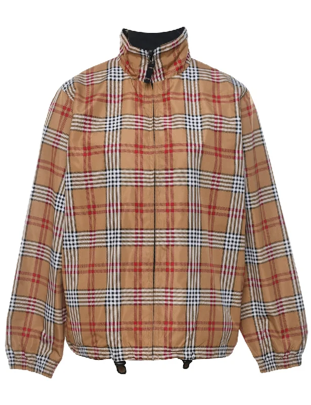 Checked Light Brown & Red 1990s Zip-Front Nylon Jacket - L