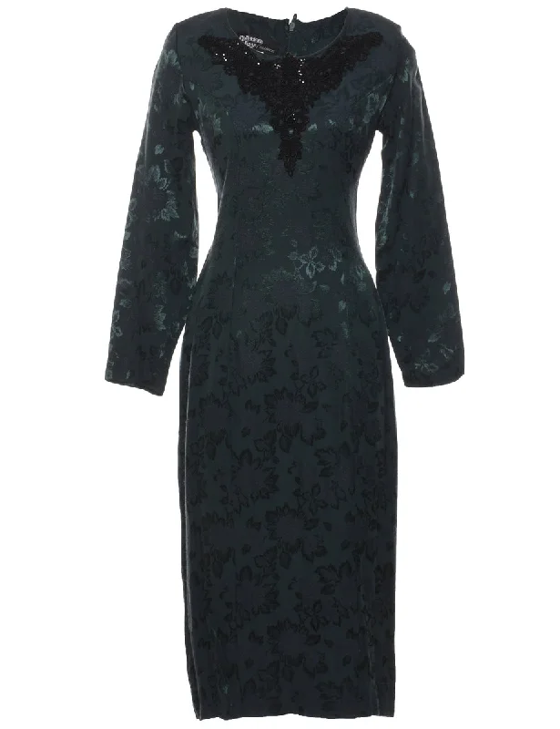 Dark Green Floral Long-Sleeve Evening Dress  - S