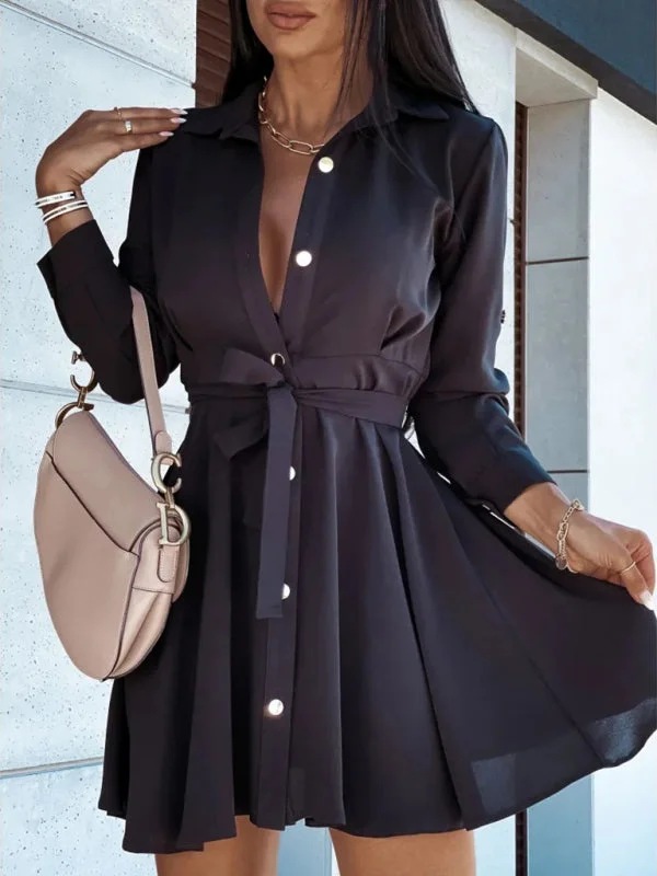 European and American women's lapel button tie shirt dress