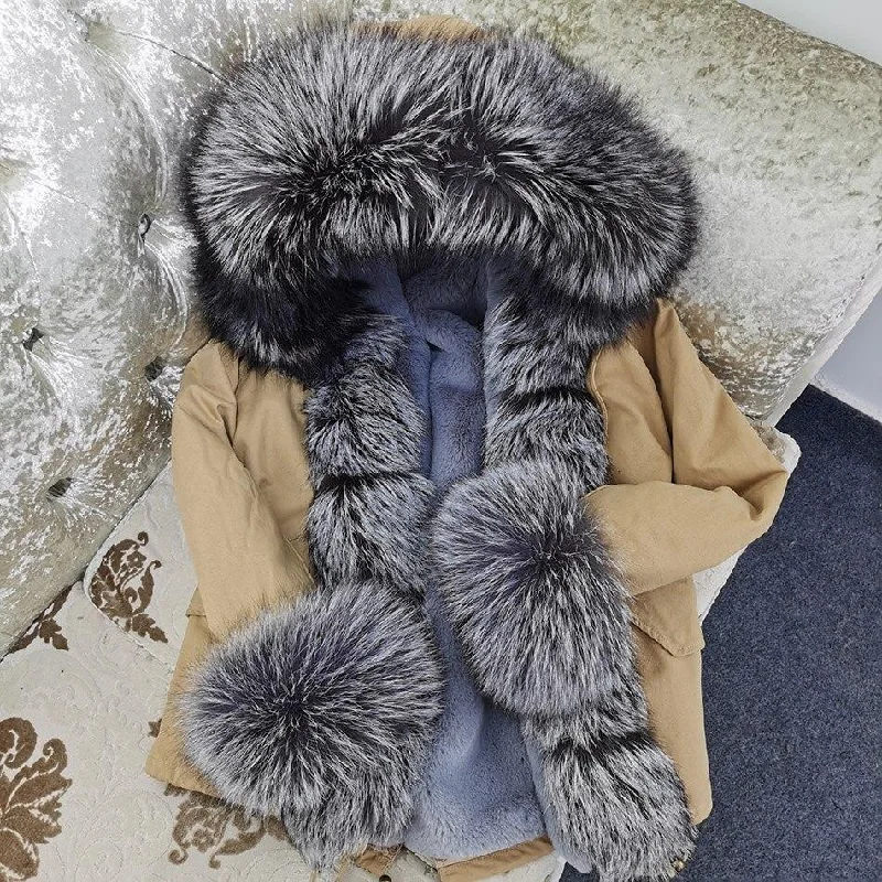 High Street Style Women's Natural Raccoon Fur Hooded Winter Jackets & Coats