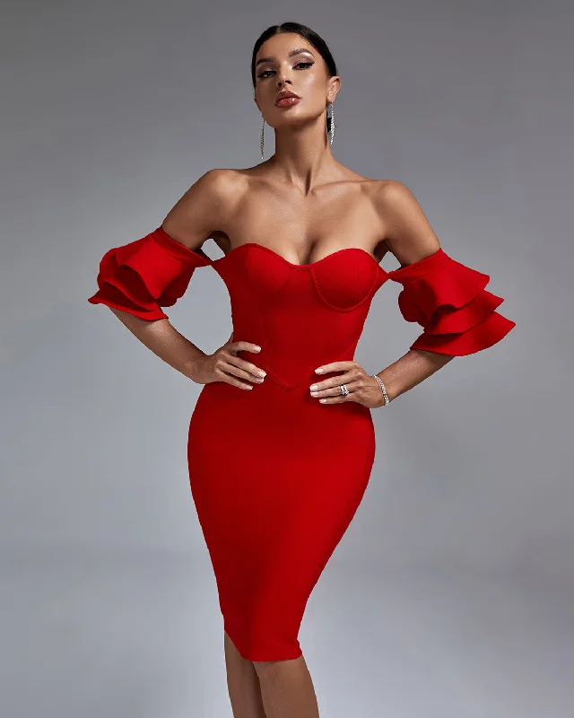 Elegant Waterfall Sleeves Off-Shoulder Bandage Dress