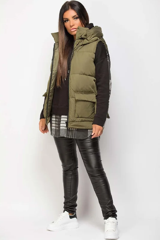 Padded Gilet With Belt And Detachable Hood Khaki