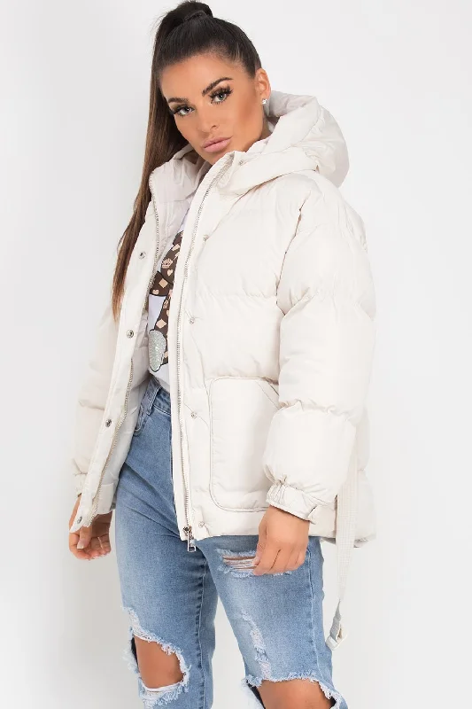 Puffer Padded Jacket With Belt Beige