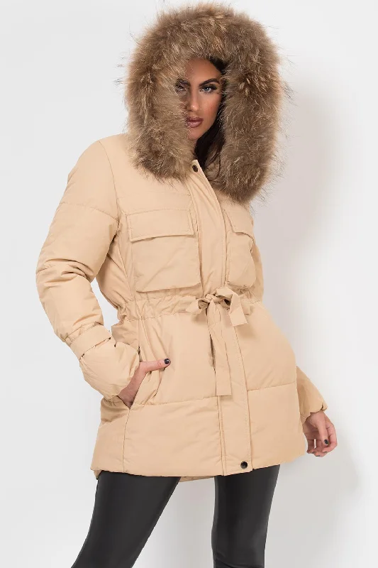 Real Fur Hood Coat With Drawstring Waist Beige