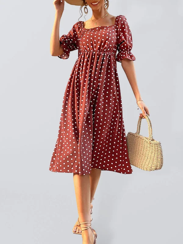 Square Neck Vintage Ruffle High Waist Polka Dot Dress