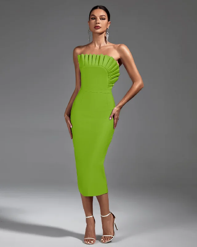 Chic Strapless Pleated Midi Bandage Dress for Effortless Elegance