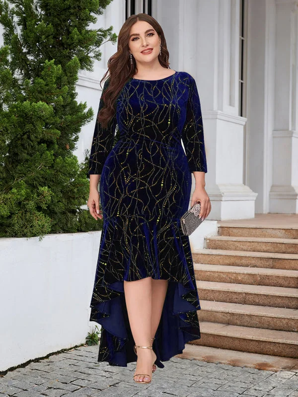 Three-quarter sleeve mermaid high-low hem maxi velvet dress