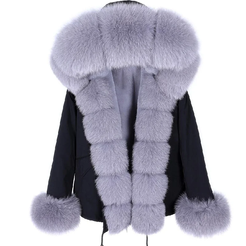 Winter Warm Women's Natural Raccoon Real Fox Fur Hood Thick Coats & Jackets