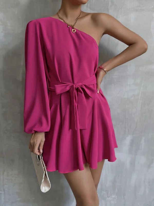 Woman'S Autumn New Solid Color Slanted Shoulder Unilateral Sleeve A-Line Swing Fashion Casual Dress