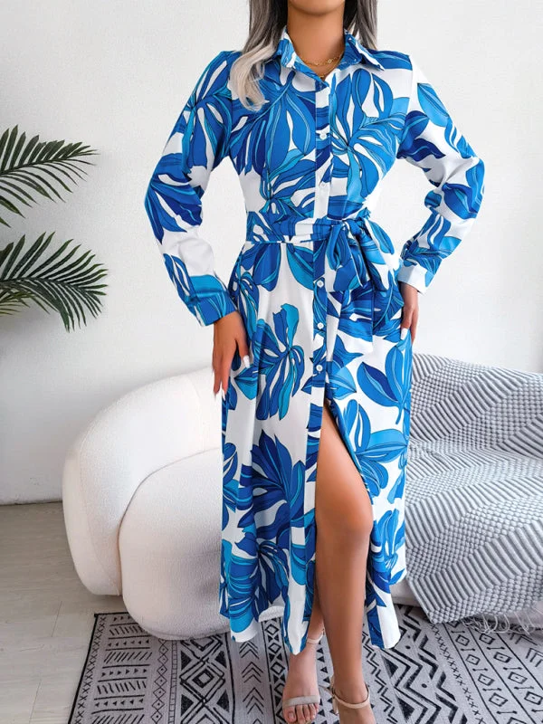 Women's Floral Print Lapel Tie Shirt Dress