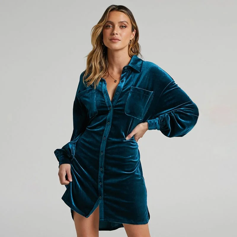 Women's Gold Velvet Shirt Style Lapel Balloon Sleeve Dress