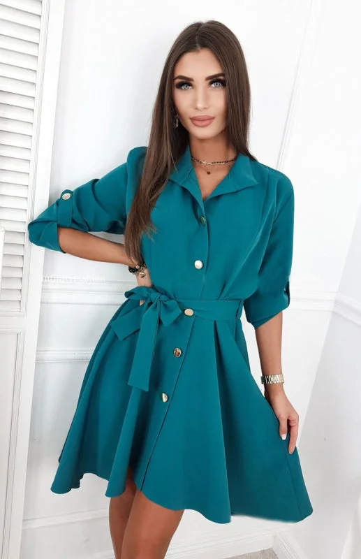 Women'S Lapel Solid Color Belt Dress