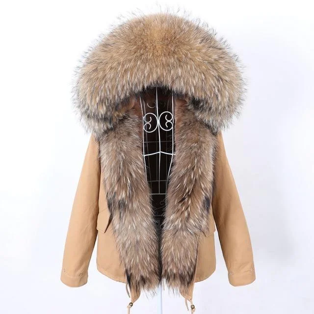 Women's Natural Racoon Fur Collared Full Sleeves Winter Hooded Jacket