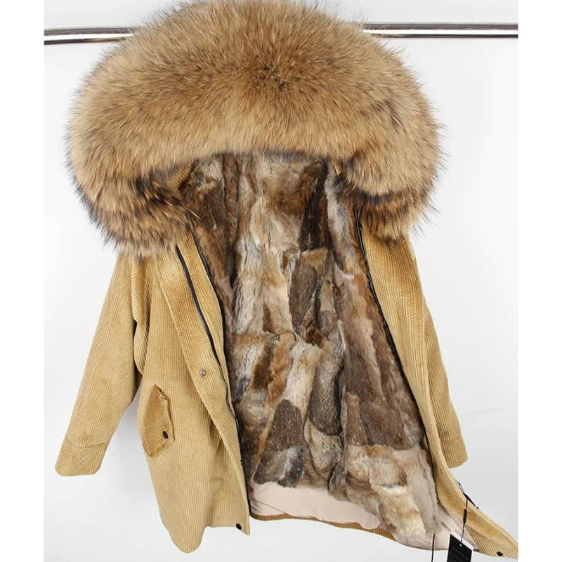 Women's Natural Racoon Fur Hood Batwing Sleeves Thick Warm Winter Jacket