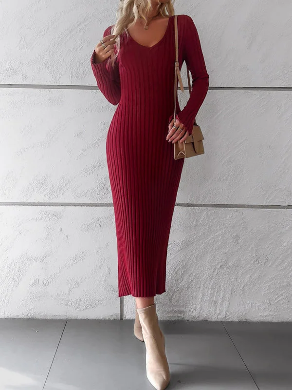 Women's new style elegant solid color v-neck long-sleeved sweater dress