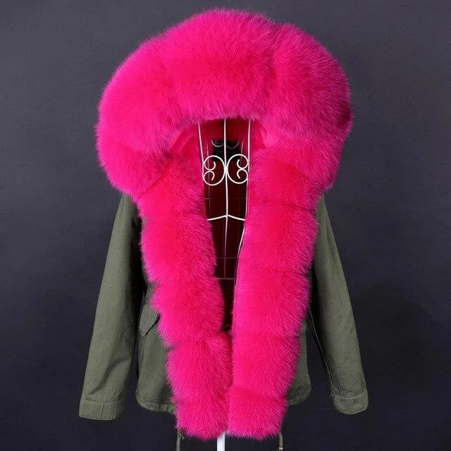 Women's Rose Red Color Racoon Fur Collared Full Sleeves Winter Hooded Jacket