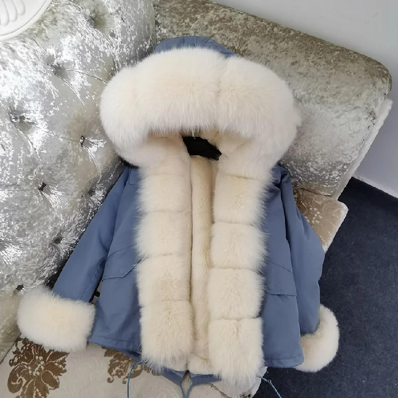 Women's Thick Short Winter Coat Big Natural Raccoon Fox Fur Hood Jacket