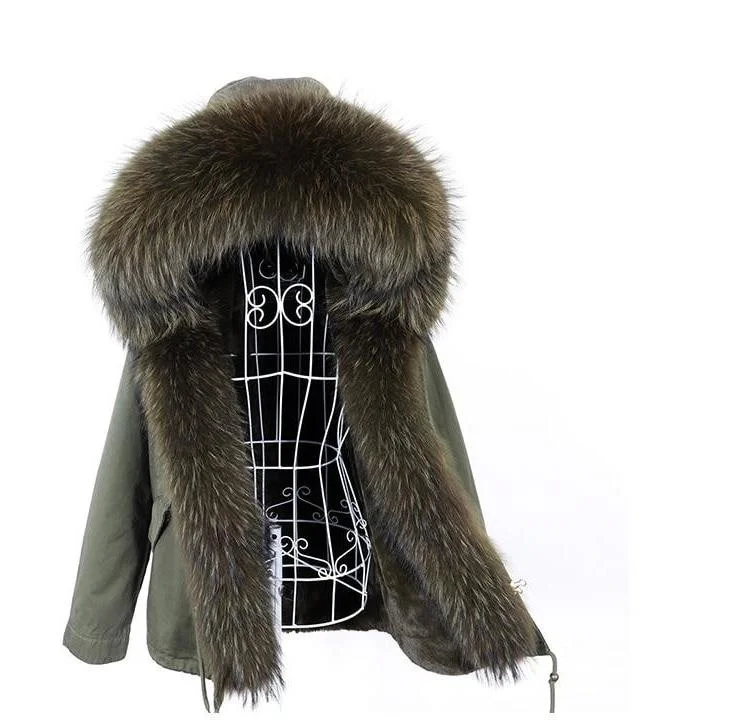 Women's Thick Warm Racoon Fur Collared Zipper closed Hooded Winter Jacket