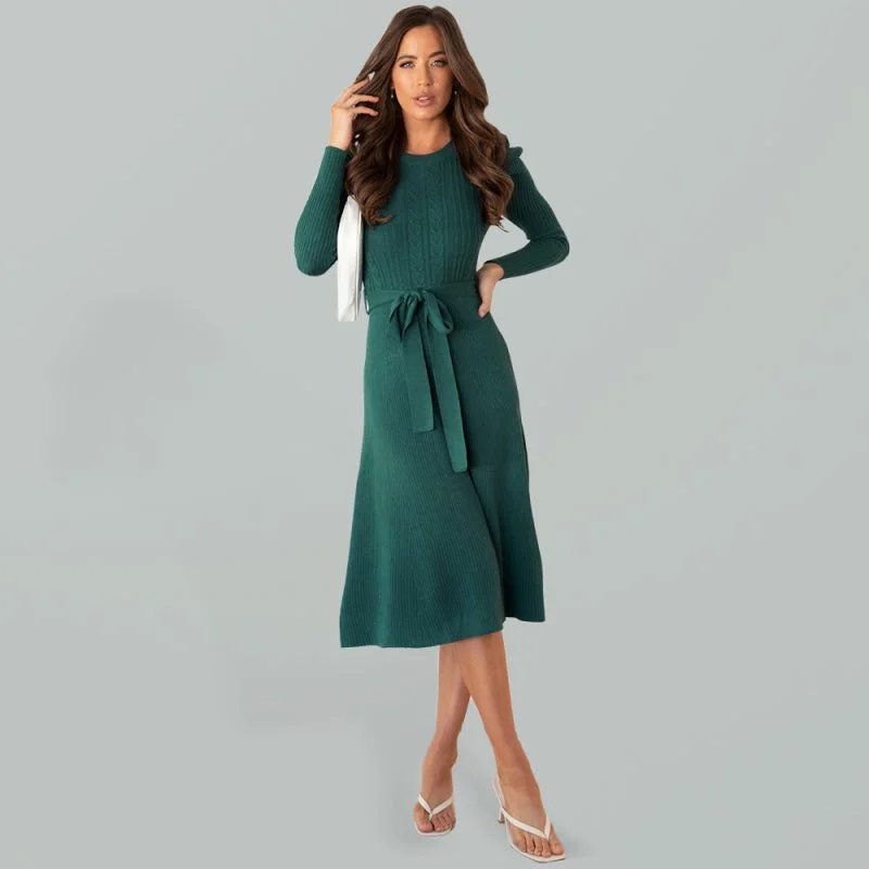 Women's wool knitted puff sleeve high waist mid length dress