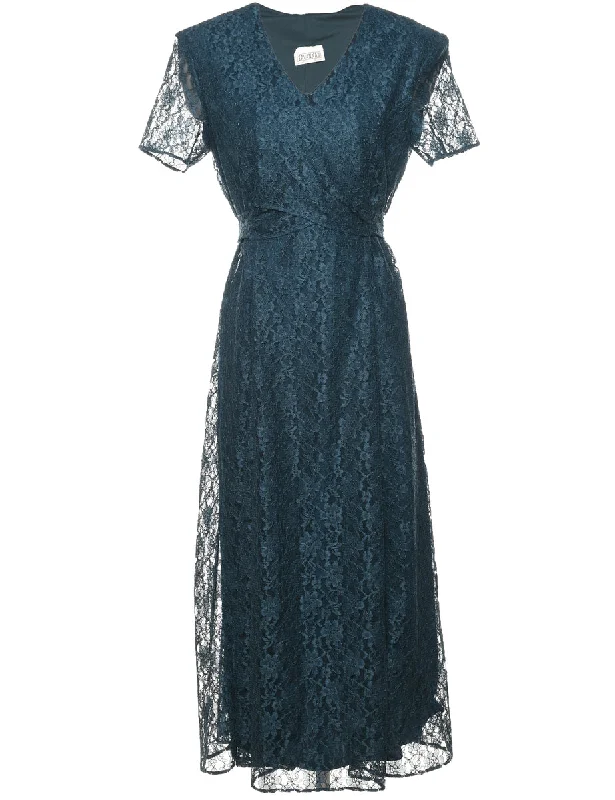 Floral Lace Blue Belt Fasten Evening Dress - L