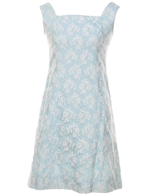 Floral Light Blue & White 1960s Mini Lace Dress - S