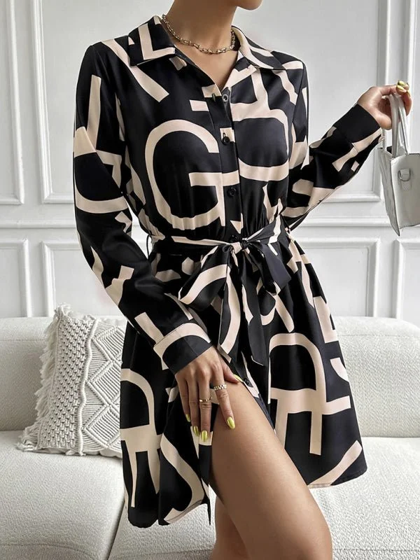 Women's woven commuter fashion geometric print long-sleeved dress