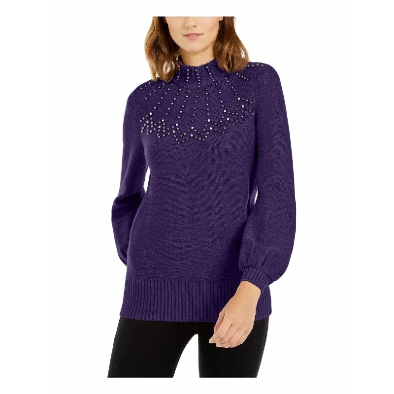 Alfani Women's Embellished Mock Neck Sweater Purple Size X-Large