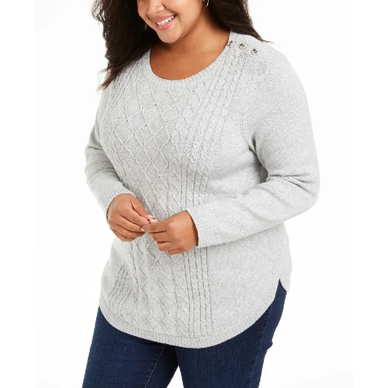 Charter Club Women's Plus Size Cable-Knit Button-Trim Sweater Gray Size Small