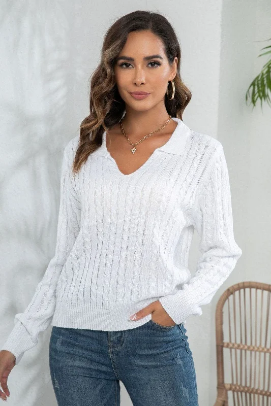 WOMEN LAPEL TWIST LOOSE LONG SLEEVE KNIT SWEATER