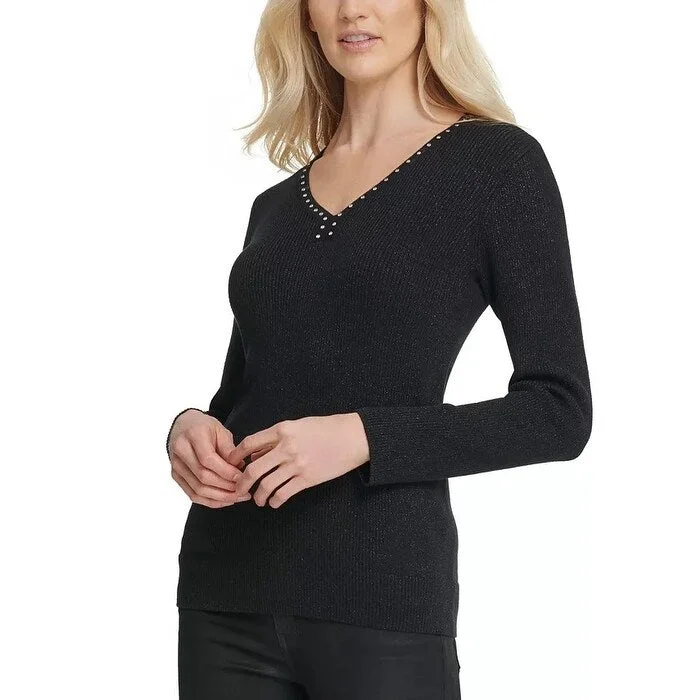 DKNY Women's Metallic-Threaded Embellished Sweater Black Size Extra Small - X-Small