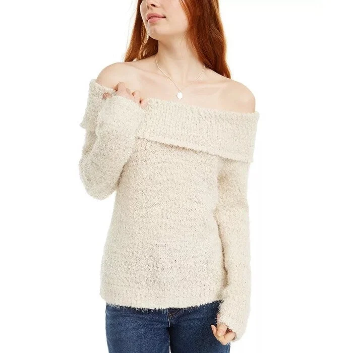 Freshman Junior's Off The Shoulder Fuzzy Sweater White Size Small