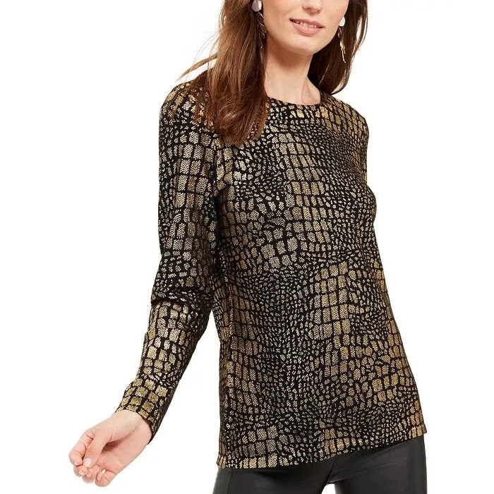 INC International Concepts Concepts Women's Metallic Reptile-Print Sweater Gold Size Extra Small - X-Small