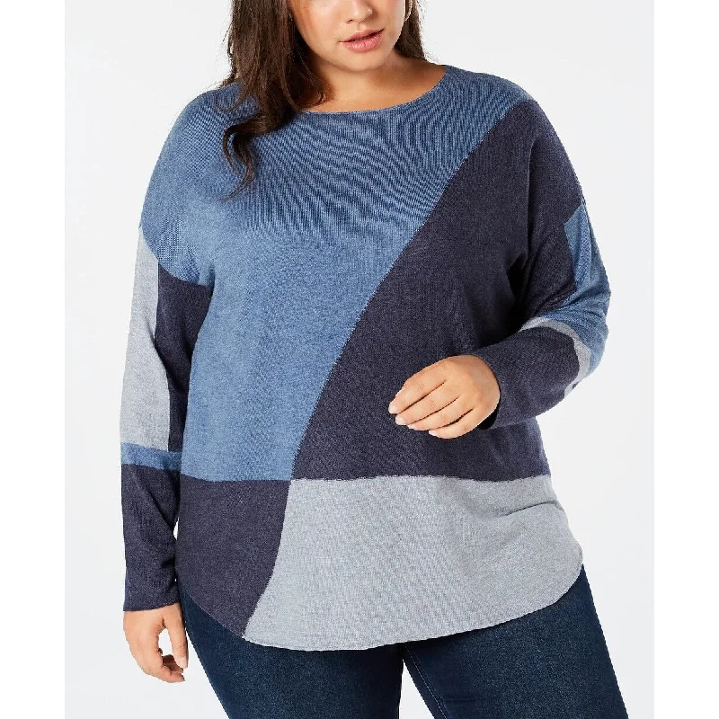 INC International Concepts Women's Sweater Plus Scoop Neck Color Block Dolman Navy Size 3X