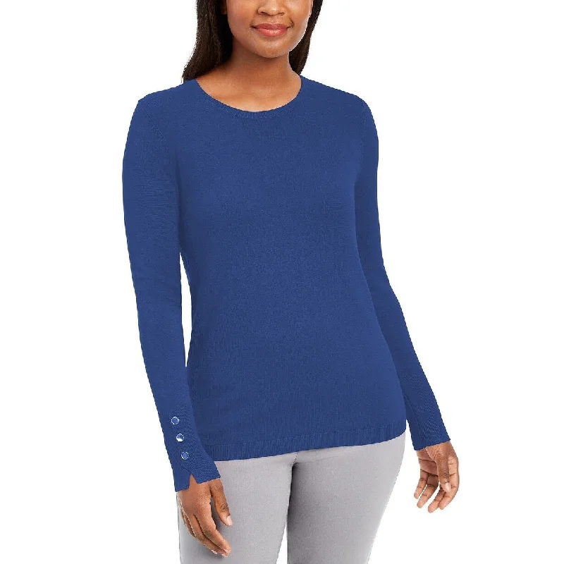 JM Collection Women's Button-Sleeve Crew-Neck Sweater Blue Size Large