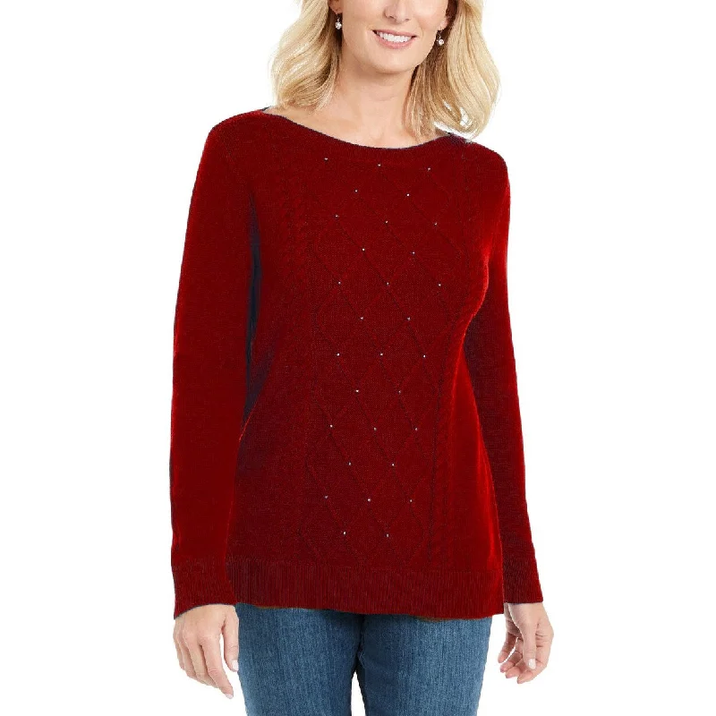 Karen Scott Women's Cable-Knit Beaded Sweater Bright Red Size Small