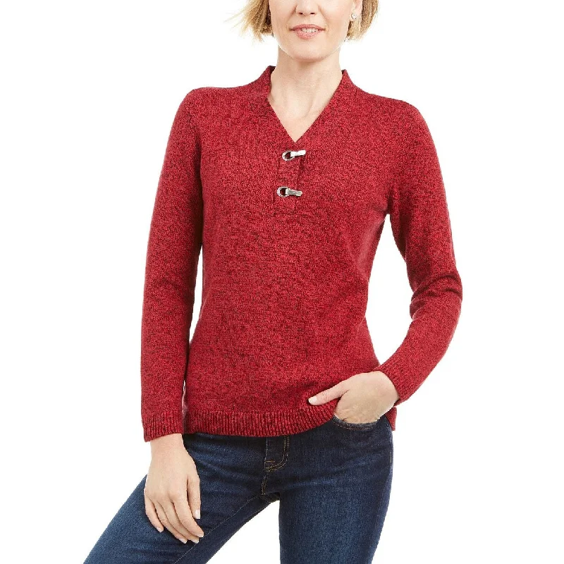 Karen Scott Women's Cotton Marled Henley Sweater Red Size Small