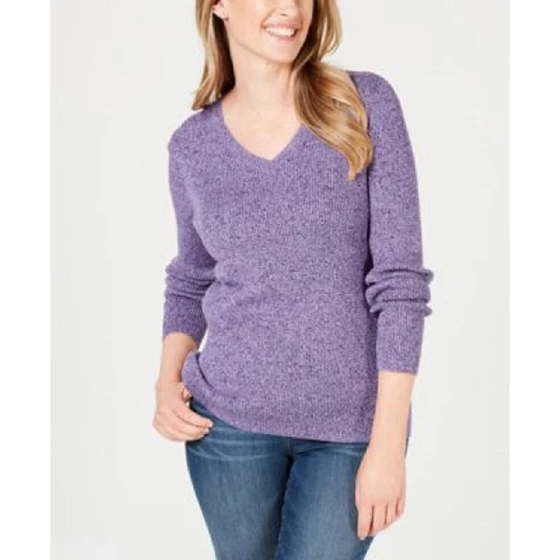 Karen Scott Women's Petite Cotton Ribbed Marled Sweater Purple Petite