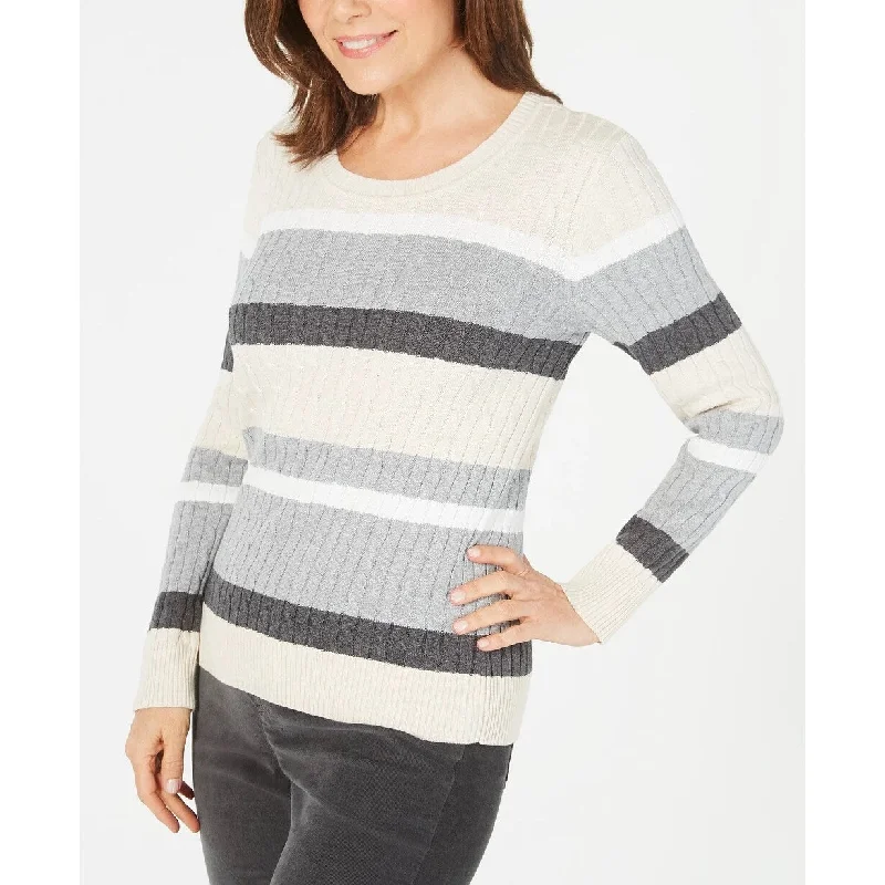 Karen Scott Women's Petite Cotton Striped Cable-Knit Sweater Brown Size Petite