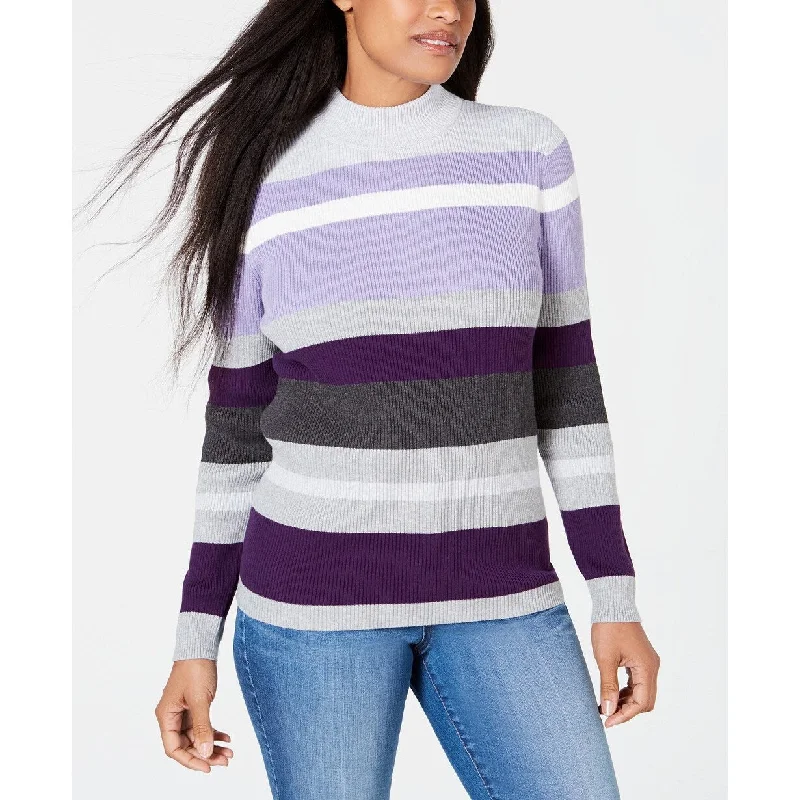 Karen Scott Women's Petite Cotton Striped Ribbed Sweater Medium Purple Size 44