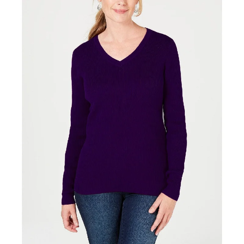 Karen Scott Women's Petite Ribbed-Knit Cotton Sweater Purple Size Petite Large - Petite Large