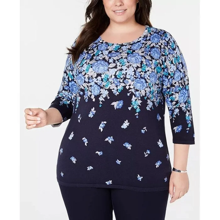 Karen Scott Women's Plus Size Floral-Print Sweater Navy Size 1X