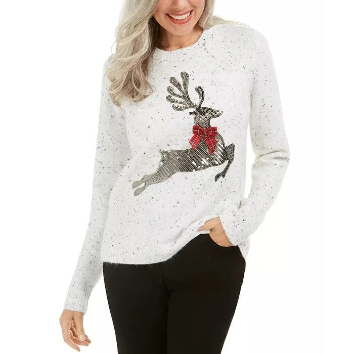 Karen Scott Women's Sequined Reindeer Sweater White Size X-Large