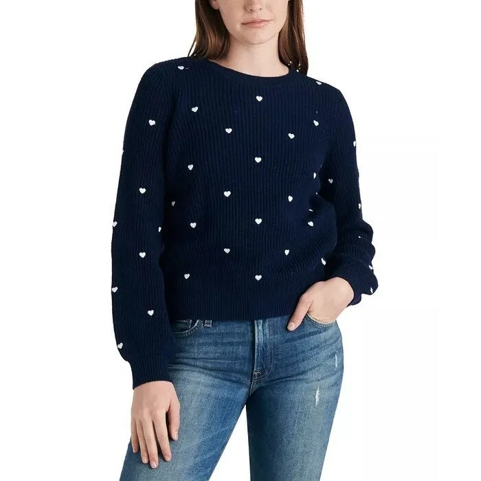 Lucky Brand Women's Embroidered Heart Sweater Blue Navy Size Medium