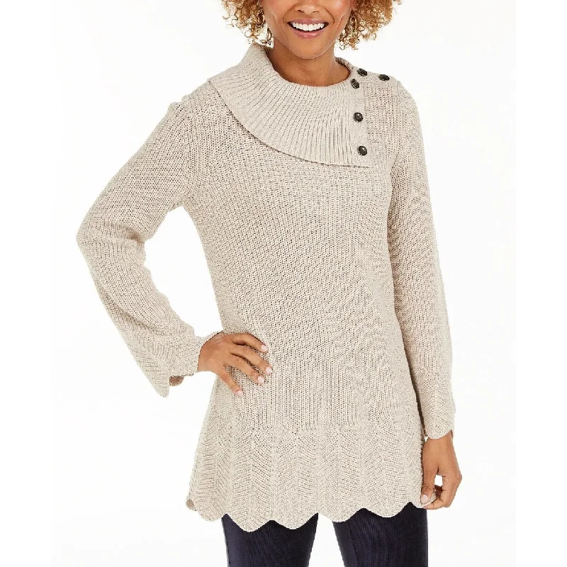 Style & Co Women's Scalloped-Hem Ribbed Sweater Beige Size X-Small